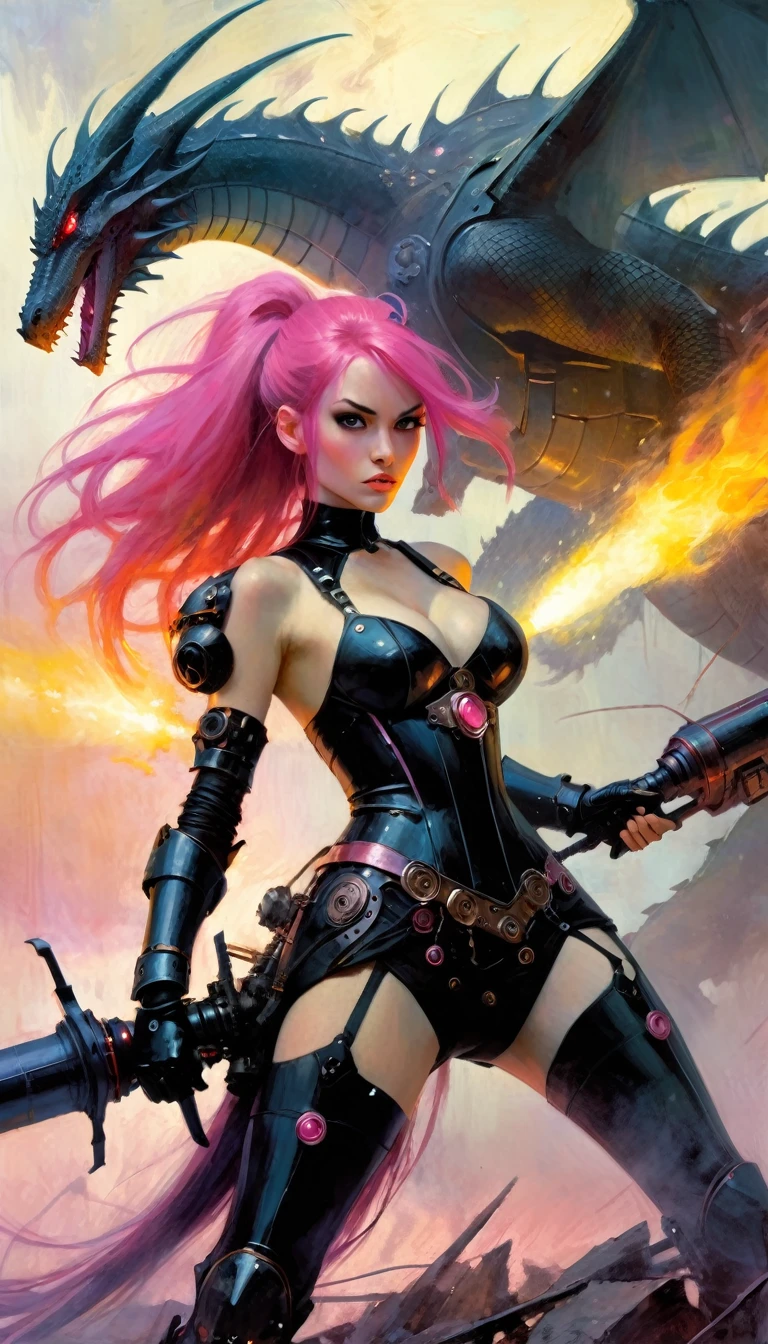 Sexy warrior girl with black steampunk armor, long pink hair,futuristic , in a battle next to a robotic dragon, fierce battle, dense fog, fire, (simple oil painting in a style to Bill Sienkiewicz)
