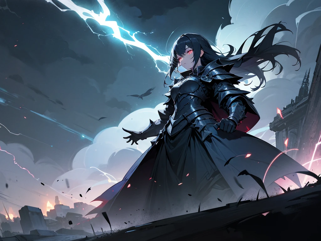 woman, A warrior in dark clothes, gothic armor, with glowing eyes and dark powers emanating from his hands. The background is a night scene with dark clouds and lightning.