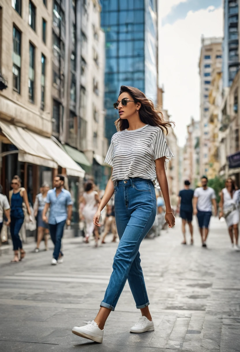 full length ،"A young woman with a casual summer street style is walking down a busy street. She is wearing a chic outfit complemented . The background includest  and modern buildings, showcasing the energy and charm of the city."