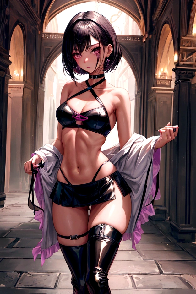 (crisscross bikini crop top, miniskirt, thigh high pantihose ),gorgeous, masterpiece, best quality, high-resolution, finely detailed, extremely detailed and beautiful, distinct-image, 1 girl, 16 year old ager, solo, sharp facial features, oval shaped face. cherry pink lips, lightly tanned white skin. velvet-colored eyes, C-cup breasts, tall height(175cm), slim yet chiseled body type, short shoulder length dark violet-black hair, small narrow waist, long and slender legs, curvy wide hips, elegant Gothic training courtyard setting