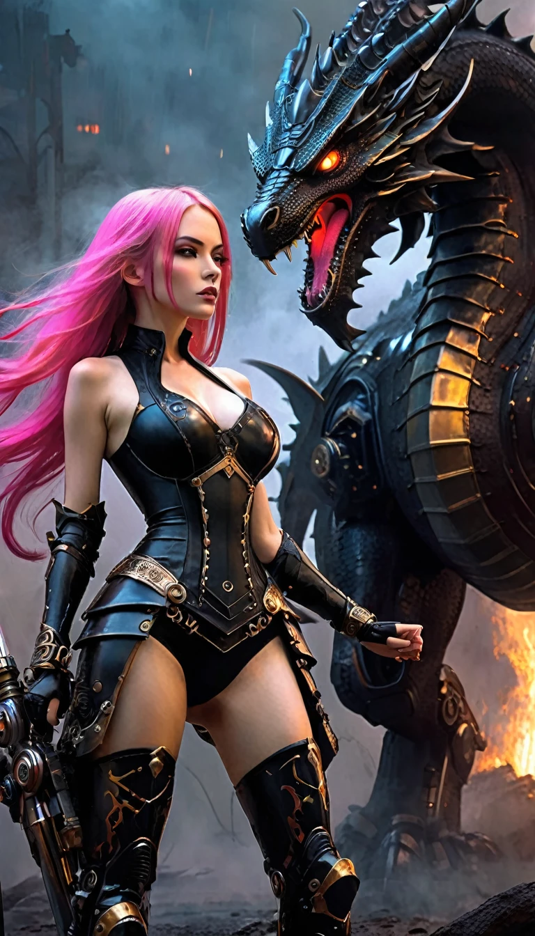Sexy warrior girl with black steampunk armor, long pink hair, futuristic, in a battle next to a robotic dragon, fierce battle, dense fog, fire chiaroscuro, sensual, dramatic lighting, moody atmosphere, photorealistic, intricate details, masterpiece, ultra-detailed, high quality, 8k, best quality, realistic, cinematic, dark and brooding, expressionistic, powerful composition, emotional impact, Bill Sienkiewicz inspired art