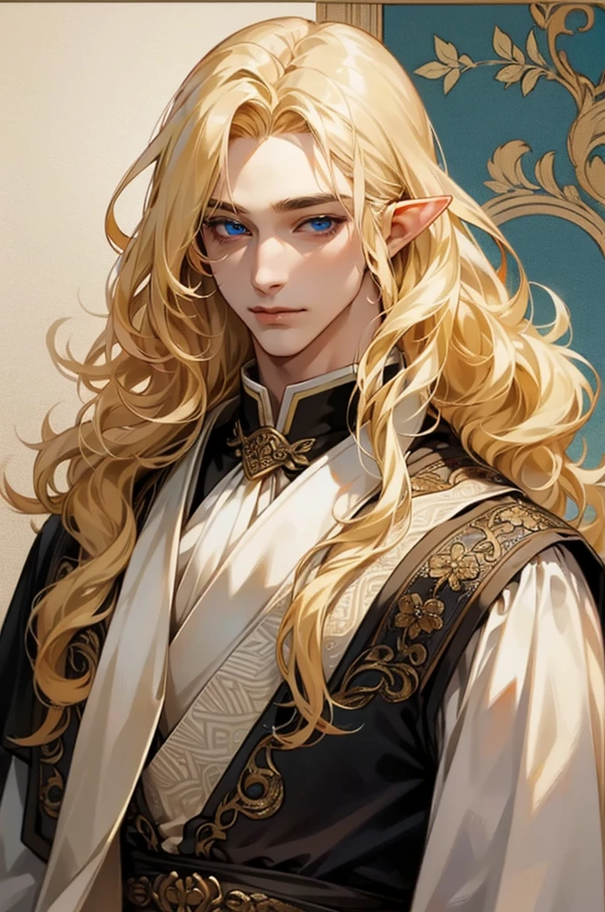 Highest quality, HD. A male elf with blond hair and blue eyes, long wavy hair, fair skin, very beautiful and handsome, noble, and gorgeously dressed.