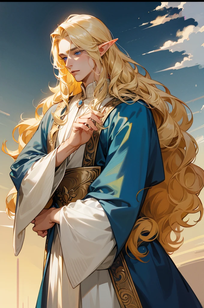 Highest quality, HD. A male elf with blond hair and blue eyes, long wavy hair, fair skin, very beautiful and handsome, noble, and gorgeously dressed.