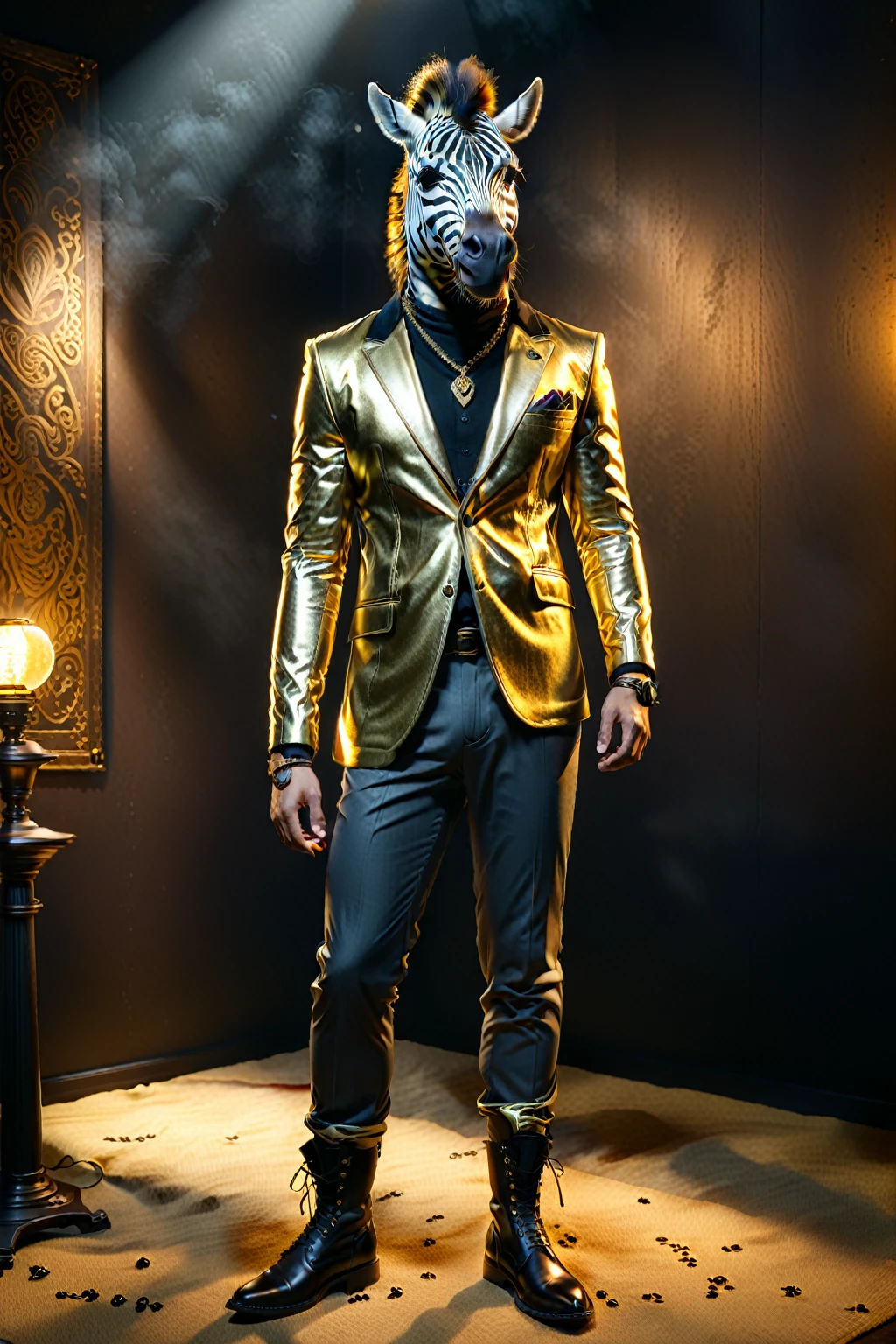 So you can edit it later、Gold suit with space above head and sunglasses、Full body zebra print Anthropomorphic zebra。金色スーツのセットアップにサングラス
金色のスーツにサングラスのファッションでド派手な装飾した独特のポーズをする
The background is darkに怪しげな金色の煙、A mysterious golden light shines through it. The character is also illuminated and clearly visible. Create an image with this composition according to the following rules.。
High resolution textures、Texture、Realなディテール、
The background is dark、Mysterious and、There is a good atmosphere、Dramatic lighting and high contrast images、Extremely high resolution to create photo-realistic card game patterns。
The design will be surrounded by a border、80 from the center of the space so that the character is not hidden%Please。
Use indirect lighting and textured backgroundake the central character stand out。
Full body portrait、Dynamic pose。
にかくテクスチャがRealで細かいファッションの服。
Fashionable sneakers、boots、Sandals、hat、Smoke Accessories Necklace、Earrings、ring、bandana car、bike、Tattoos etc.、Choose according to your outfit and mood。
Real、8K
(masterpiece、Highest quality、high detail、超Real:1.2)、
Anthropomorphic animals、Full body portrait
(Photorealistic:1.4), Cinematic lighting, 8K UHD、
Professional Photography、
(詳細な毛皮のTexture:1.3), Expressive eyes、
Designer clothing、Luxury Brands、
(Perfect tailoring:1.2), High Fashion Accessor
Moody atmosphere、Dramatic Shadows、
High contrast lighting、Depth of written boundary、
Film Grain、Color Grading、
(Color Palette:1.3)、(Calm earth colors:1.2)、
(Rich Brown:1.1)、(Deep Gray:1.1)、(subtle gold accents:1.0)、
(warm color:1.1)、(Color harmony:1.2)、
(Soft diffused lighting:1.2)、(Rim lighting:1.1)、
(Volumetric Lighting:1.0), (Ambient Occlusion:1.1)