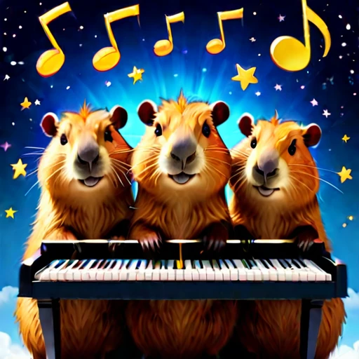 star space below huddled cute capybaras cutecapybara with piano and musical notes