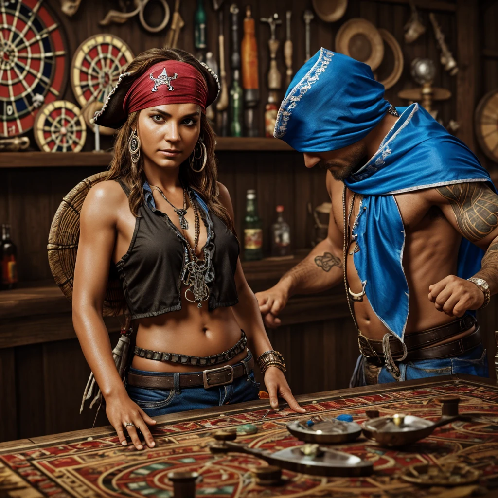 Photo realistic ultra high resolution rich color 3d. Png Transparent background extremely detailed centeres focus. Pirate skeletons hungover from a weekend if heavy drinking money stacks dartboard in background blue bandana