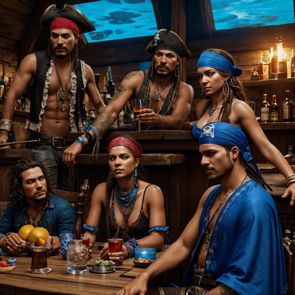 Photo realistic ultra high resolution rich color 3d. Png Transparent background extremely detailed centeres focus. Pirate skeletons hungover from a weekend if heavy drinking  money stacks  dartboard in background blue bandana