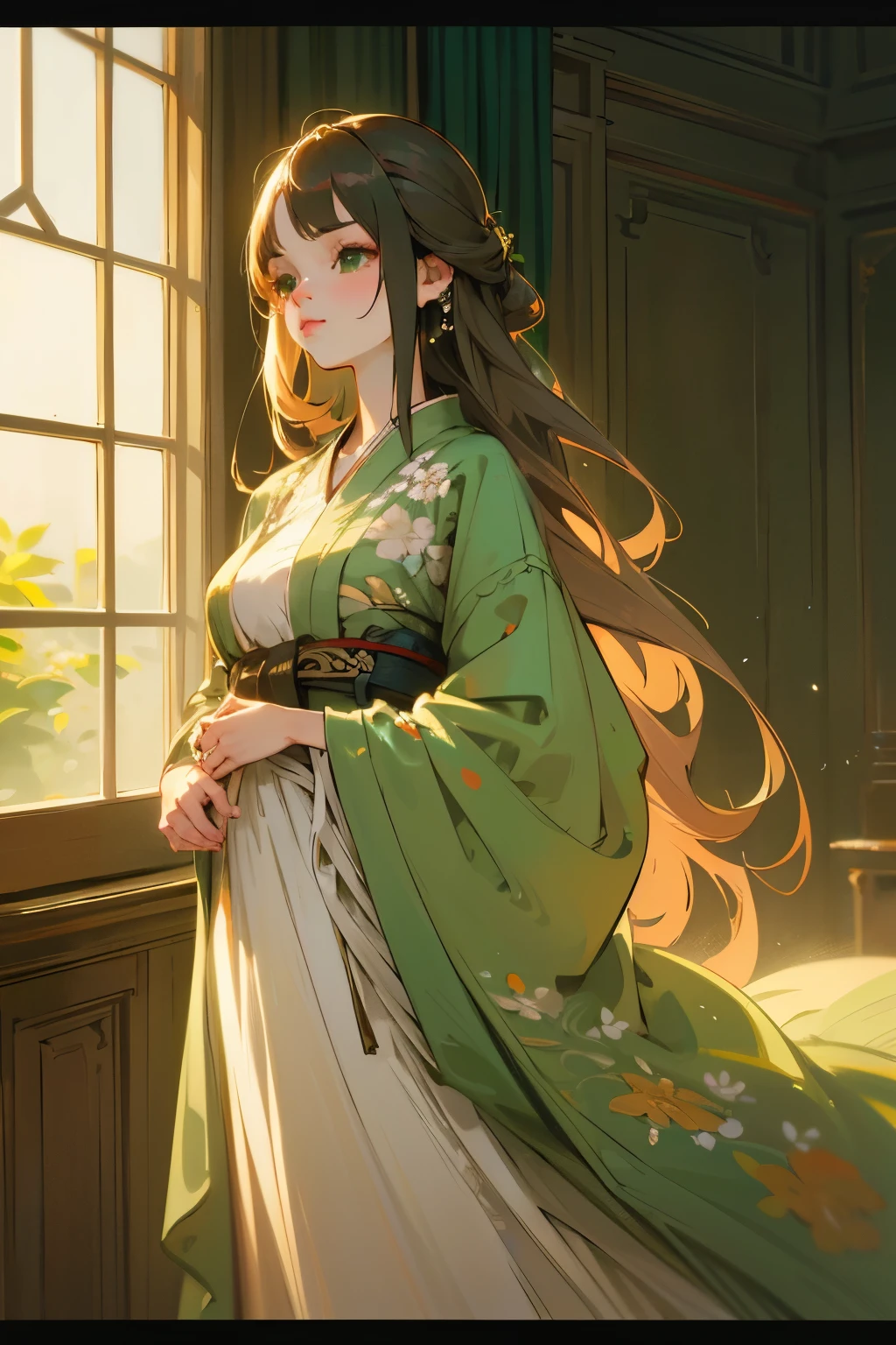 a high quality, highly detailed digital painting of a beautiful young woman, elegant posture, long flowing hair, piercing green eyes, delicate facial features, wearing a intricate floral dress, standing in a lush room tradicional japanese, natural lighting, muted color palette, photorealistic, 8k resolution, cinematic composition, masterpiece