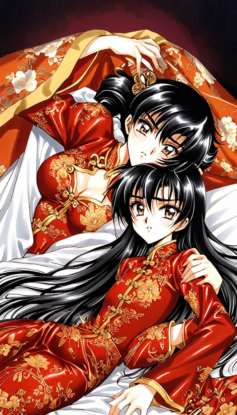 Beautiful 15 year old Chinese Kung Fu girl princess with short black hair　Gorgeous embroidery, Ultra glossy, She is wearing shiny red long sleeve floral pajamas....　She is laid down on a red enamel futon and writhes in agony as an old man holds her.