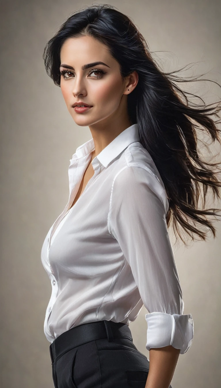 Full-length hyperrealistic photograph of a beautiful woman, 28 years old, athletic body, white shirt, very light black hair, ((light and bright brown eyes)), small earring in right ear, very long eyelashes, sensual lips, provocative and expression. big breasts,, masterpeace, full realitic