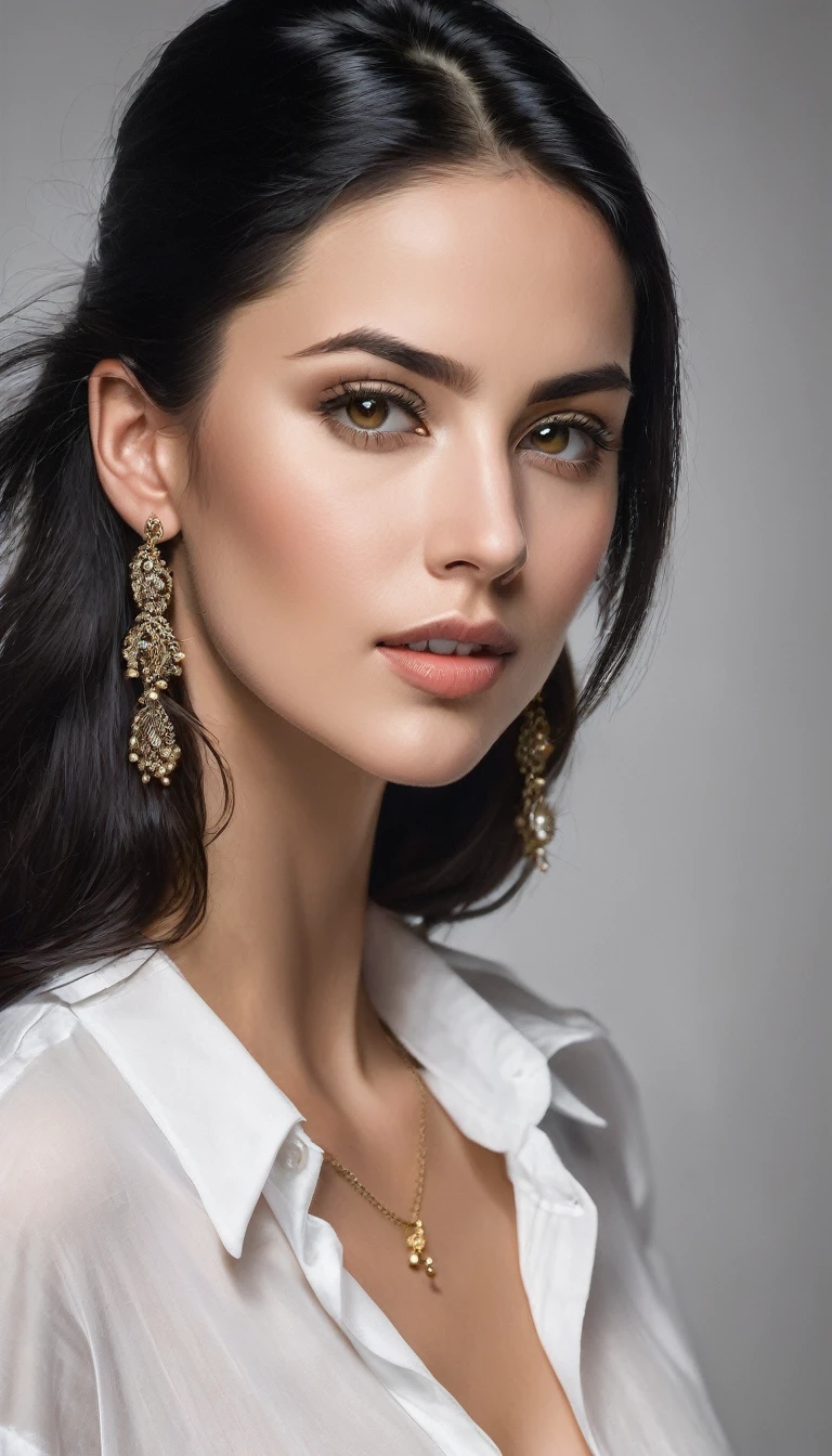 Full-length hyperrealistic photograph of a beautiful woman, 28 years old, athletic body, white shirt, very light black hair, ((light and bright brown eyes)), small earring in right ear, very long eyelashes, sensual lips, provocative and expression. big breasts,, masterpeace, full realitic