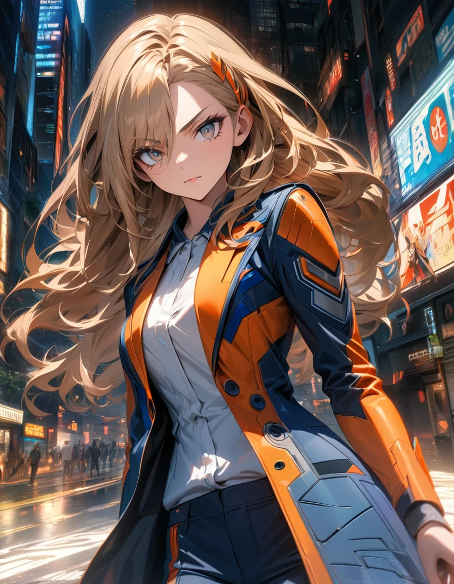 A high resolution, ultra detailed, HDR, masterpiece, very detailed face and eyes, confident expression, young woman, business style, trousers, long rose gold hair, 18 years, Squint, adult face, creative hairstyle, beautiful makeup with arrows, anime style tokyo avengers