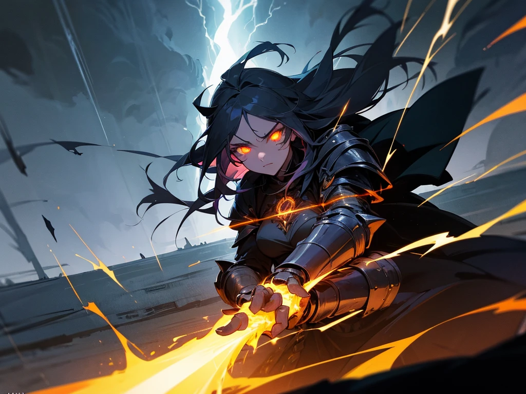 woman, A warrior in dark clothes, gothic armor, with glowing eyes and dark powers emanating from his hands. The background is a night scene with dark clouds and lightning.