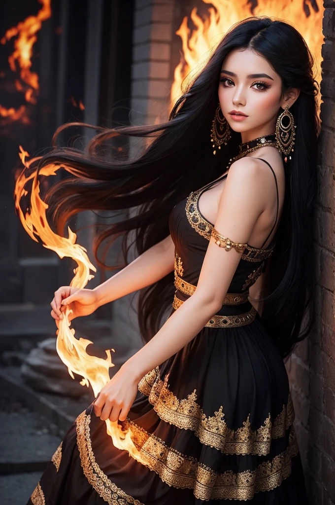 gypsy woman, long black hair, fire dress, pretty
