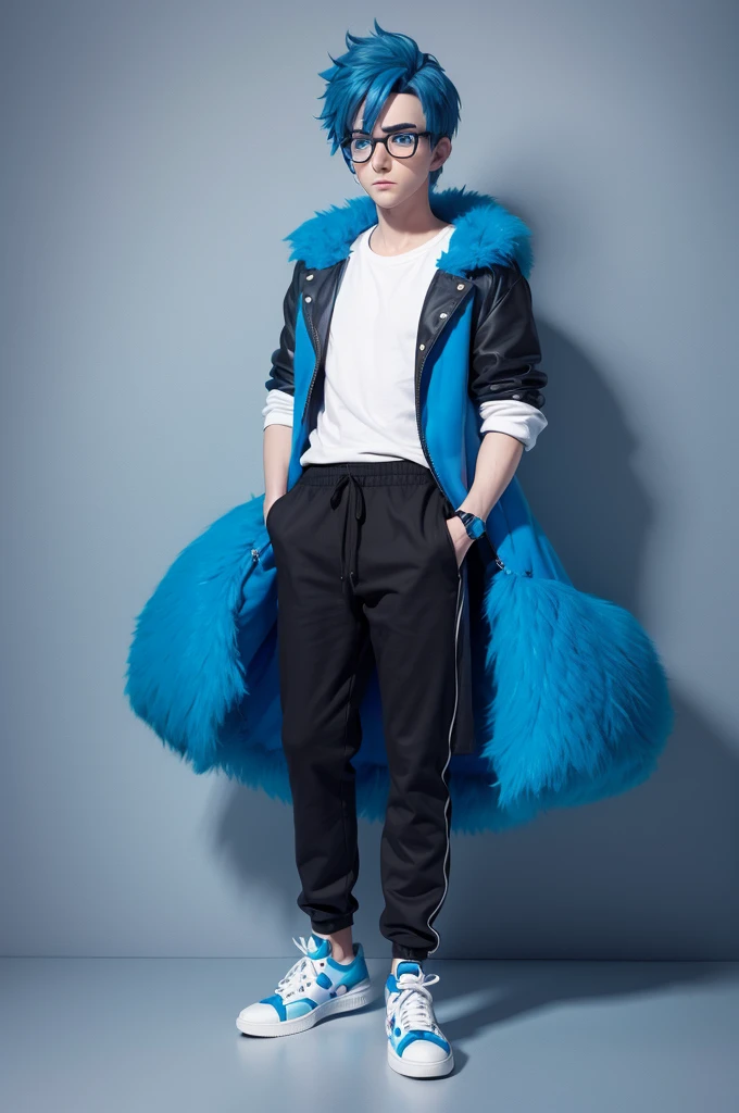 Fun boy character, disney pixar style, 3d, with blue hair, black sneakers, blue eyes, Black glasses, blue fur, white shirt, shot therefore