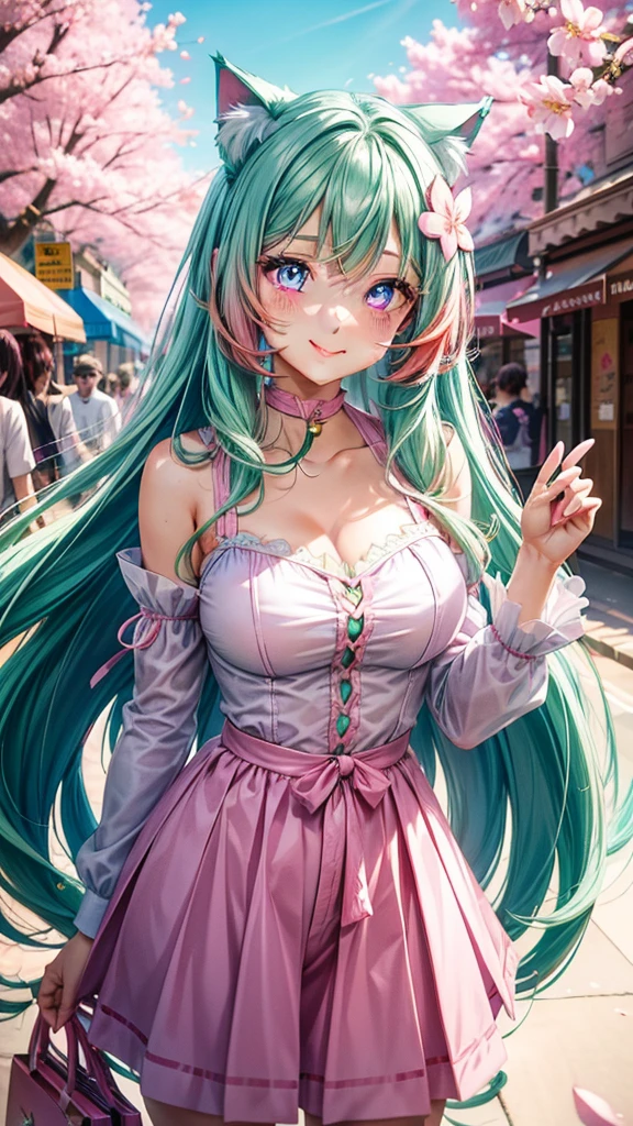 Split color hair, green and pink hair color, pink eyes, woman, teal blue gold clothes,happy face, sexy outfit, cat ears, hearts, floating hearts, face only, long hair, smiling, cherry blossom, hair ornament, up close face, sexy clothes, sexy women , closed mouth smile