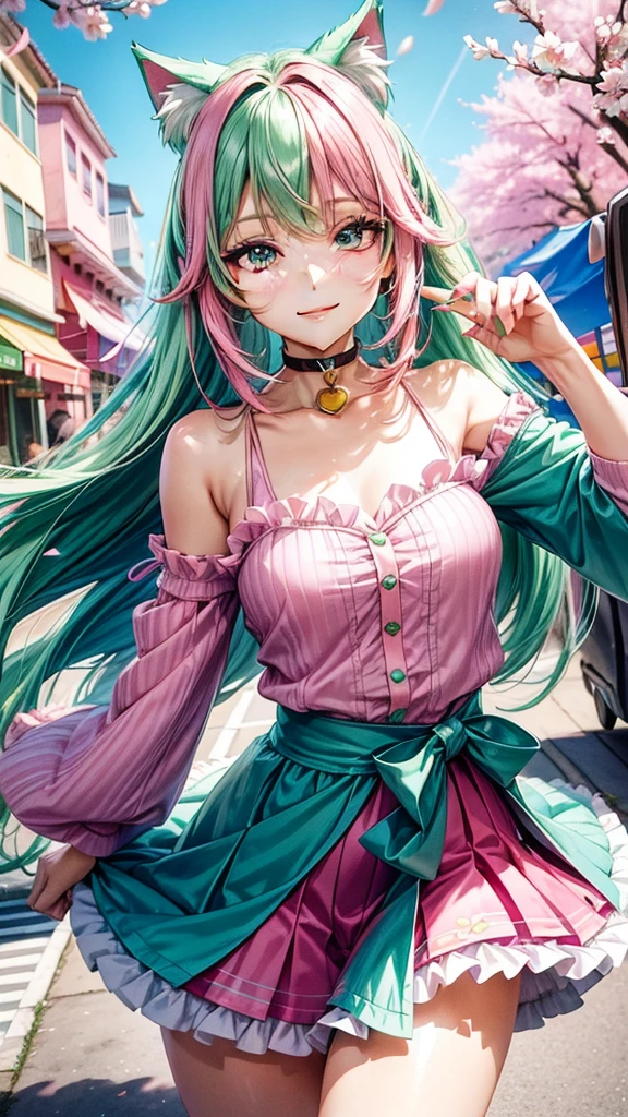((Pink and green hair color)), pink eyes, woman, teal blue gold clothes,happy face, sexy outfit, cat ears, hearts, floating hearts, face only, long hair, smiling, cherry blossom, hair ornament, up close face, sexy clothes, sexy women , closed mouth smile