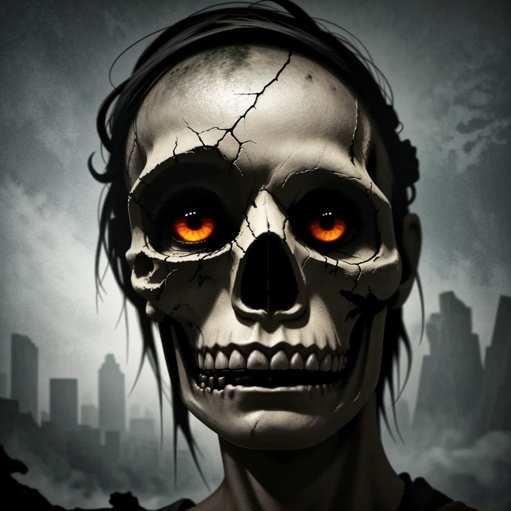 Create a captivating 3D geographical image that captures the essence of a post-apocalyptic world. In this picture a skull is created that captivates the viewer with one eye and its pupil. A dark world can be seen in his skull. The composition was intended to evoke a sense of duality, depicting the two opposing parts of the post-apocalyptic world. Additionally, incorporate elements of the double exposure tear, symbolizing the fragility and resilience of the human spirit. The i