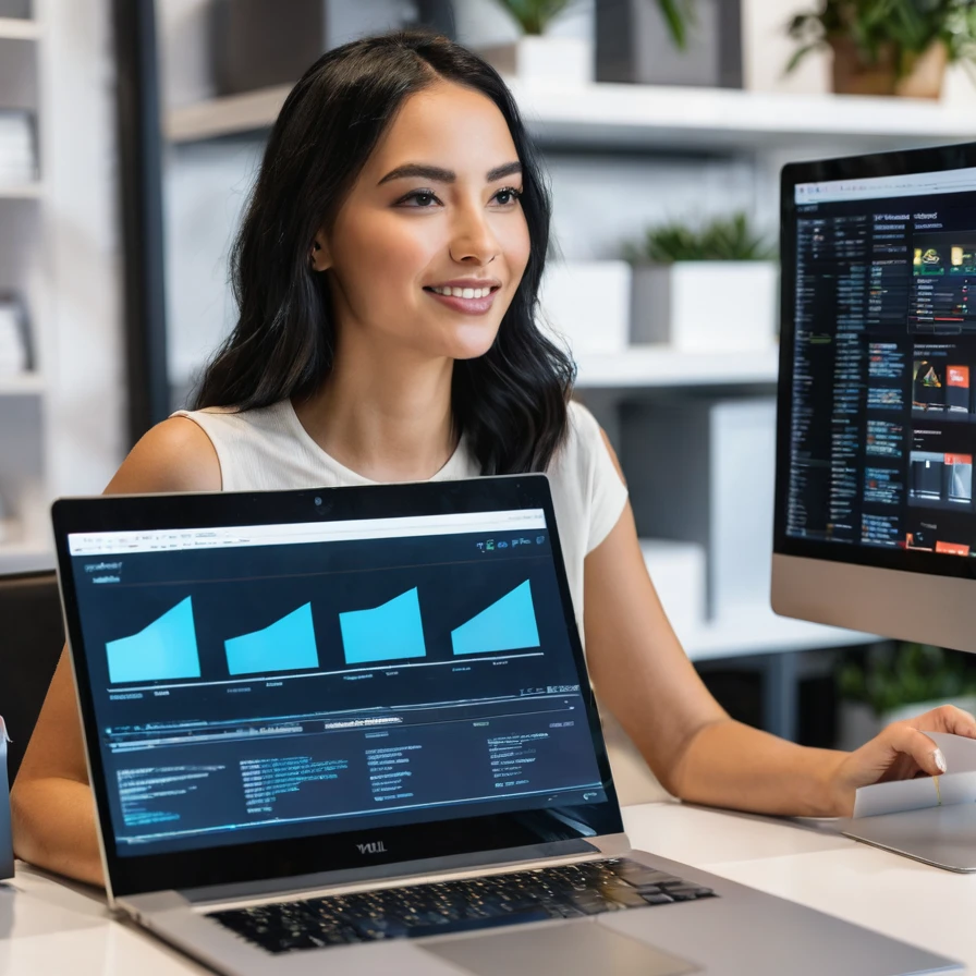 young woman, in front of a computer, on the computer screen showing profit in a virtual store