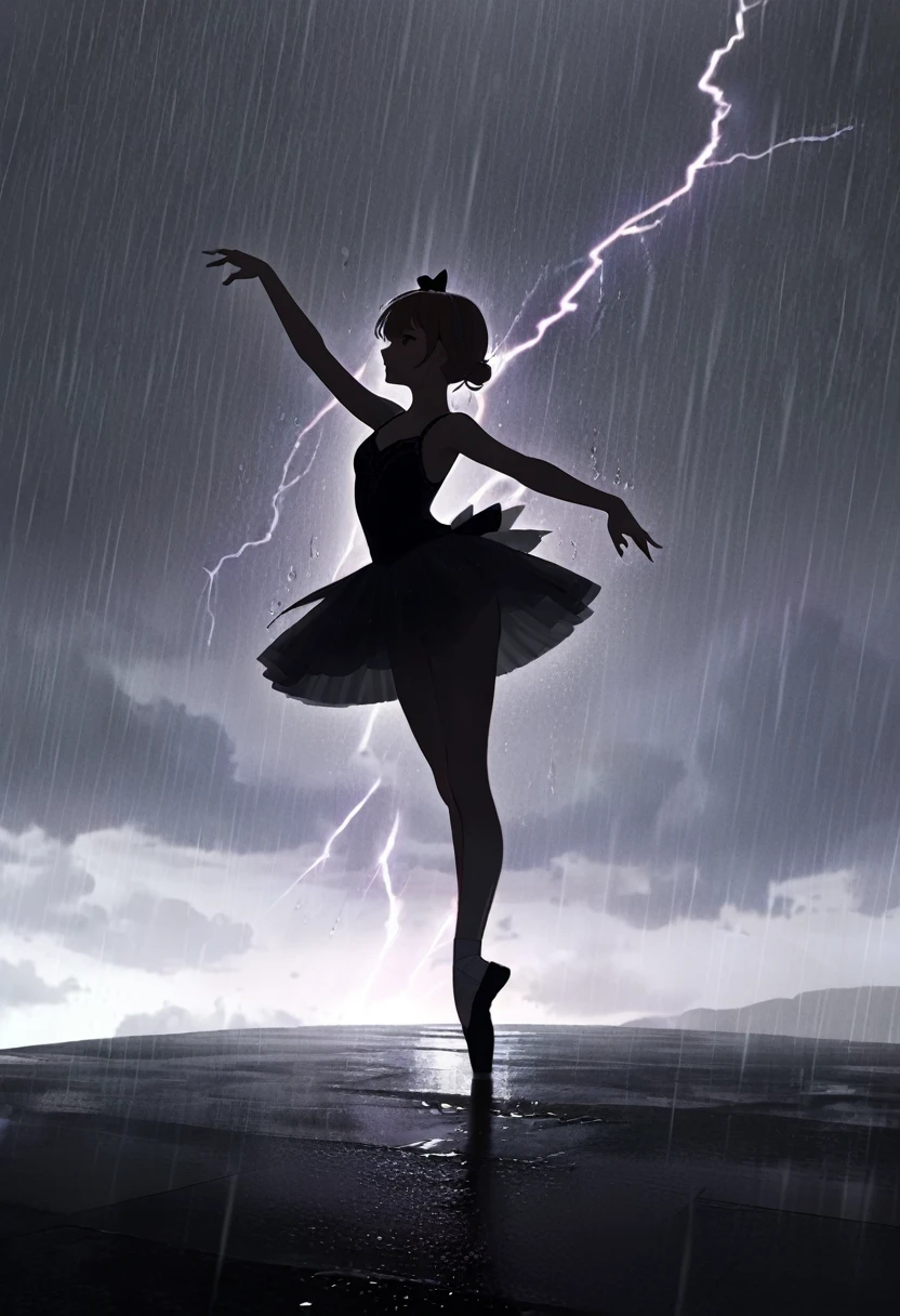 (masterpiece, best quality, super detailed), silhouette, Solo, A lady in tutu is dancing ballet on the hill, in the rain, Full body, Ballerina silhouette, ballet pose, small tombstone, heavy rain, rain drop, wet body, Raindrops bounce off body, lightning, simple background, cinematic lighting