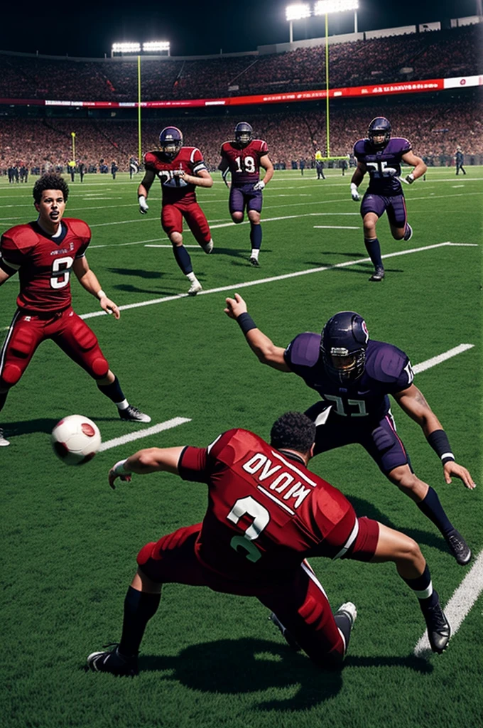 Create an image showing the player wreaking havoc on the football field during a match, with their demon abilities influencing the game's outcome and creating chaos among players and spectators alike.