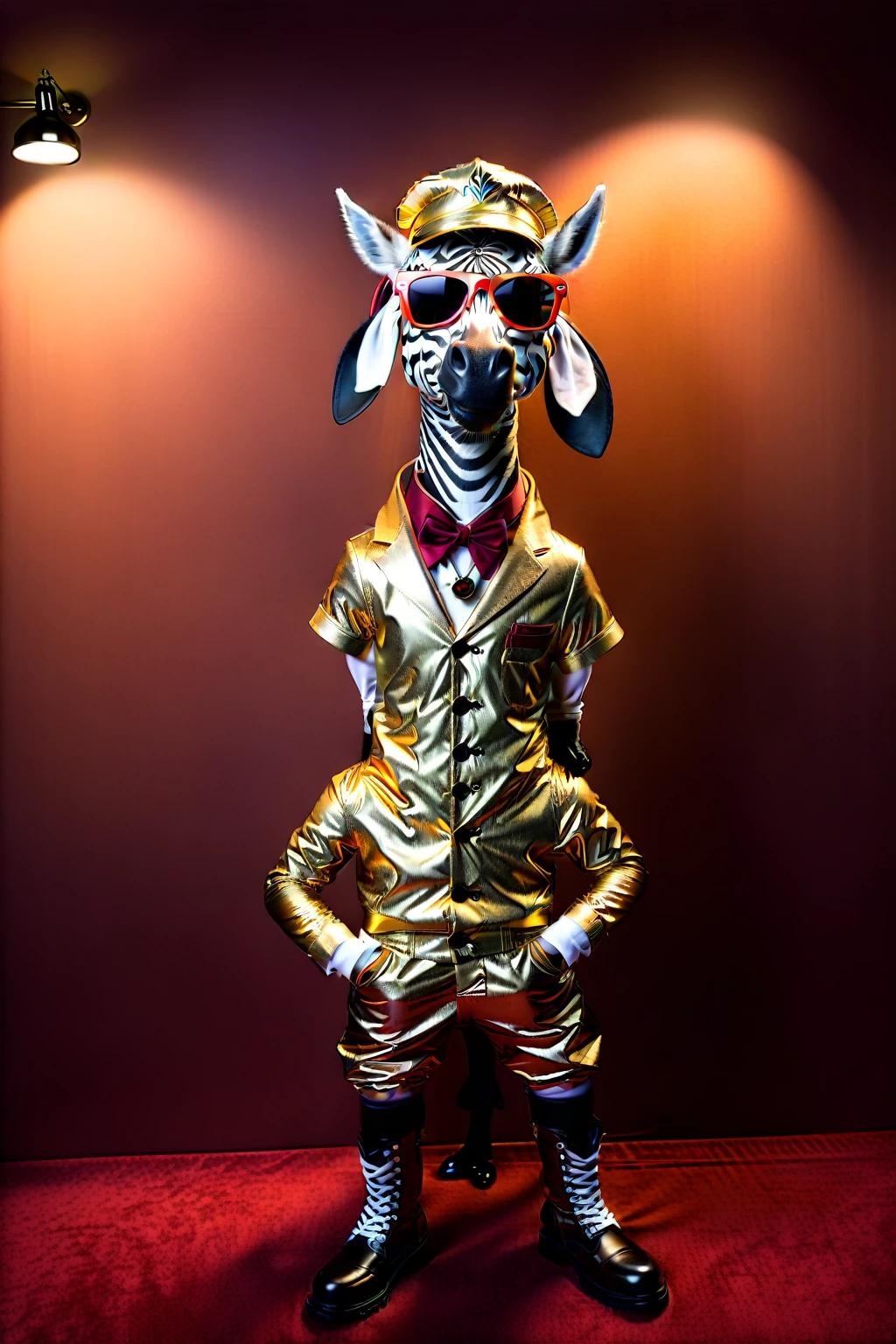 So you can edit it later、Sunglasses that open up space above your head Gold suit and sunglasses、Full body zebra print Anthropomorphic zebra。金色スーツのセットアップにサングラス
金色のスーツにサングラスのファッションでド派手な装飾した独特のポーズをする
The background is darkに怪しげな金色の煙、A mysterious golden light shines through it. The character is also illuminated and clearly visible. Create an image with this composition according to the following rules.。
High resolution textures、Texture、Realなディテール、
The background is dark、Mysterious and、There is a good atmosphere、Dramatic lighting and high contrast images、Extremely high resolution to create photo-realistic card game patterns。
The design will be surrounded by a border、80 from the center of the space so that the character is not hidden%Please。
Use indirect lighting and textured backgroundake the central character stand out。
Full body portrait、Dynamic pose。
にかくテクスチャがRealで細かいファッションの服。
Fashionable sneakers、boots、Sandals、hat、Smoke Accessories Necklace、Earrings、ring、bandana car、bike、Tattoos etc.、Choose according to your outfit and mood。
Real、8K
(masterpiece、Highest quality、high detail、超Real:1.2)、
Anthropomorphic animals、Full body portrait
(Photorealistic:1.4), Cinematic lighting, 8K UHD、
Professional Photography、
(詳細な毛皮のTexture:1.3), Expressive eyes、
Designer clothing、Luxury Brands、
(Perfect tailoring:1.2), High Fashion Accessor
Moody atmosphere、Dramatic Shadows、
High contrast lighting、Depth of written boundary、
Film Grain、Color Grading、
(Color Palette:1.3)、(Calm earth colors:1.2)、
(Rich Brown:1.1)、(Deep Gray:1.1)、(subtle gold accents:1.0)、
(warm color:1.1)、(Color harmony:1.2)、
(Soft diffused lighting:1.2)、(Rim lighting:1.1)、
(Volumetric Lighting:1.0), (Ambient Occlusion:1.1)
