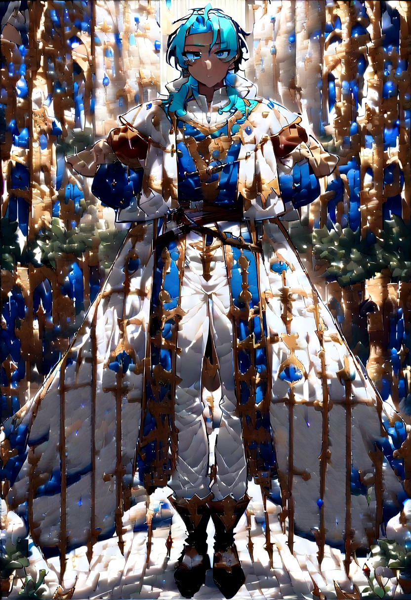 (masterpiece, Best quality, 32 thousand.), (((facing the viewer, full height))), ((full body)), ((teenage man)) with blue hair , ((Blue eyes)), ((medieval classic costume, Fantasy)), ( White pants )