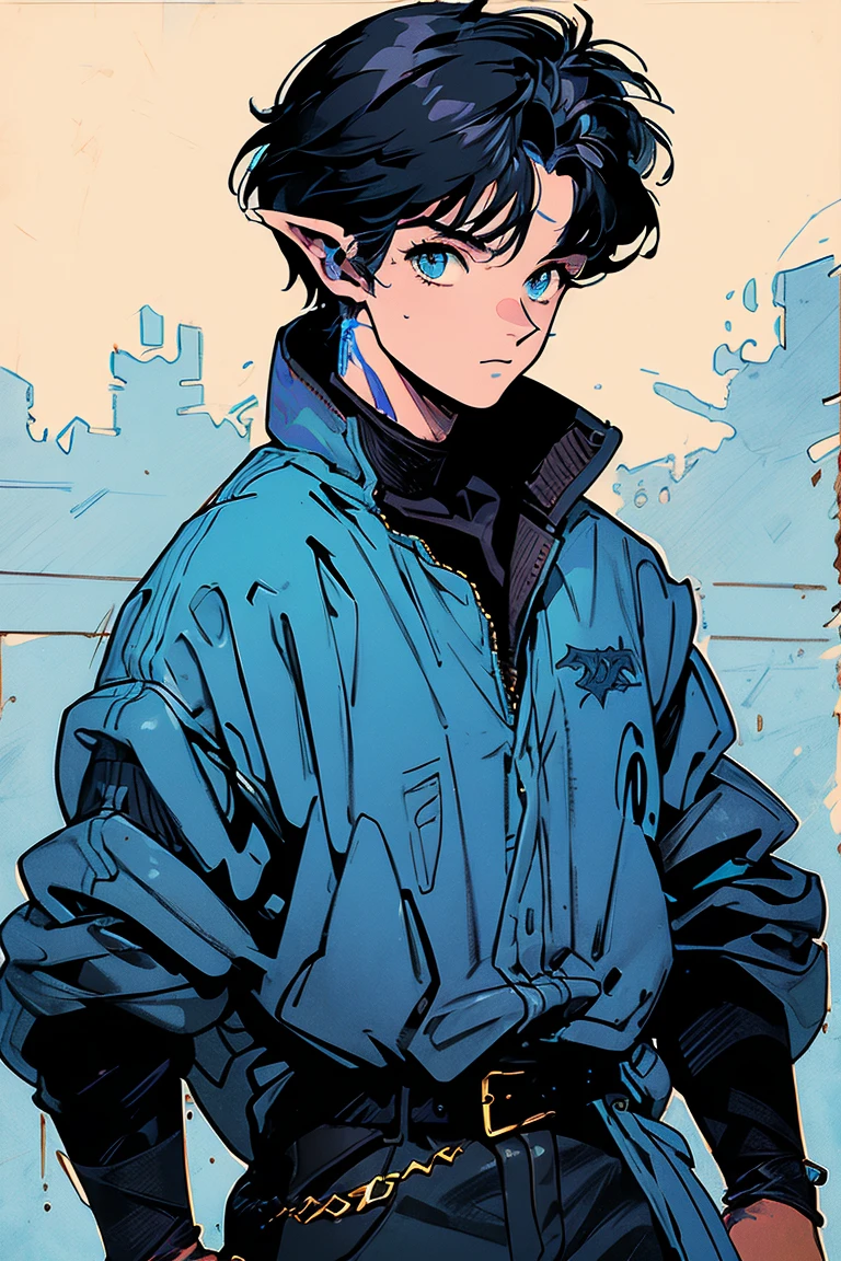 a male rogue, light blue goblin race with golden eyes, Bblack hair, wearing leather armor over black colored clothing, drawing made in gouache style, Style D&D 5th homebrewery page