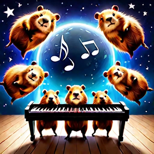 star space below huddled cute capybaras cutecapybara with piano and musical notes