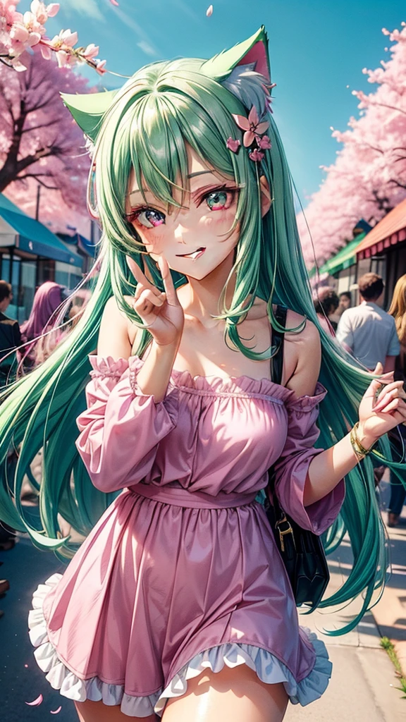 ((Pink and green hair color)), pink eyes, woman, teal blue gold clothes,happy face, sexy outfit, cat ears, hearts, floating hearts, face only, long hair, smiling, cherry blossom, hair ornament, up close face, sexy clothes, sexy women , closed mouth smile