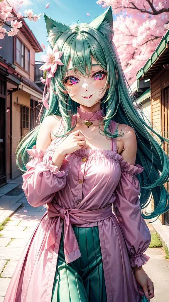 ((Pink and green hair color)), pink eyes, woman, teal blue gold clothes,happy face, sexy outfit, cat ears, hearts, floating hearts, face only, long hair, smiling, cherry blossom, hair ornament, up close face, sexy clothes, sexy women , closed mouth smile
