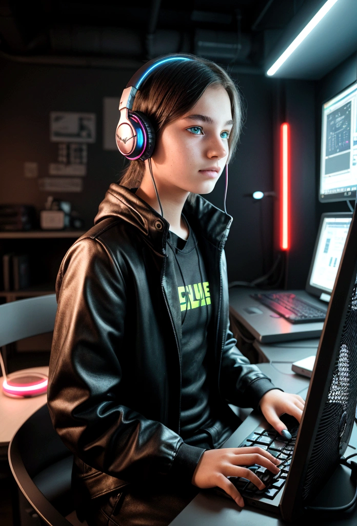 teenager with headphones, Lovely, sitting in front of the computer, cyberpunk style, a cup on the table that says = phoenix computing