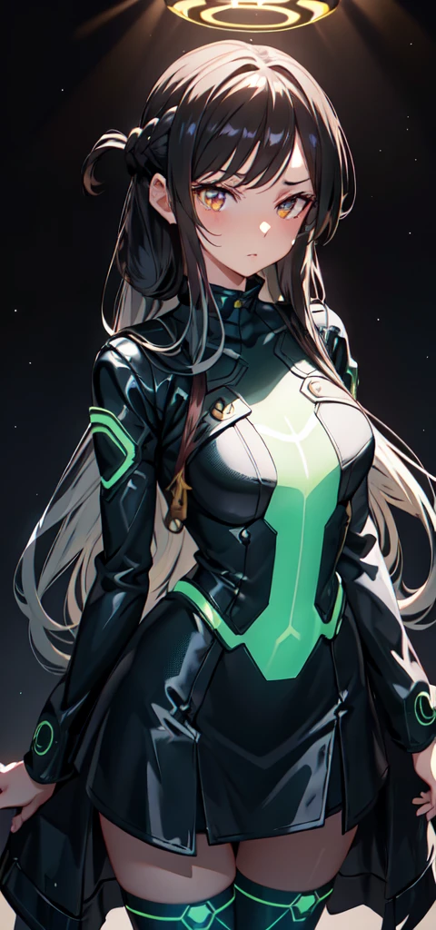 1 girl, aachizuru, long hair, glowy eye, perfect lighting, dark hair, curly hair, long hair, jade eyes, side lighting, face detailed, shining skin, brunette skin, simple background, darkness background, futuristic costume, Bright costume, made from a deep blue metallic material with silver luminous patterns, a fitted and aerodynamic design, standing out for its elegance and sophistication, anime styling, My Hero Academia traits , green theme