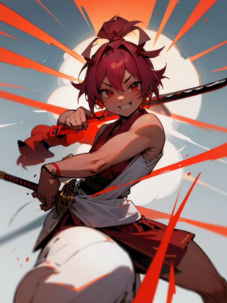 girl　topless　Shoulders are sticking out　in the same way　point the sword at yourself　Hachimaki　NSFW