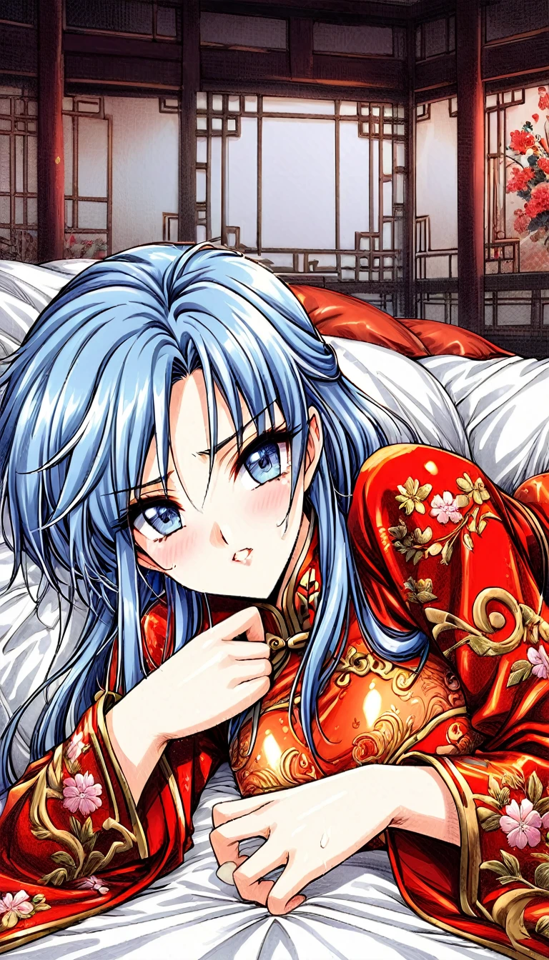 Beautiful 15 year old Chinese Kung Fu girl princess with short blue hair　Gorgeous embroidery, Ultra glossy, She is wearing shiny red long sleeve floral pajamas....　She has rough sex with an old man on a red enamel futon