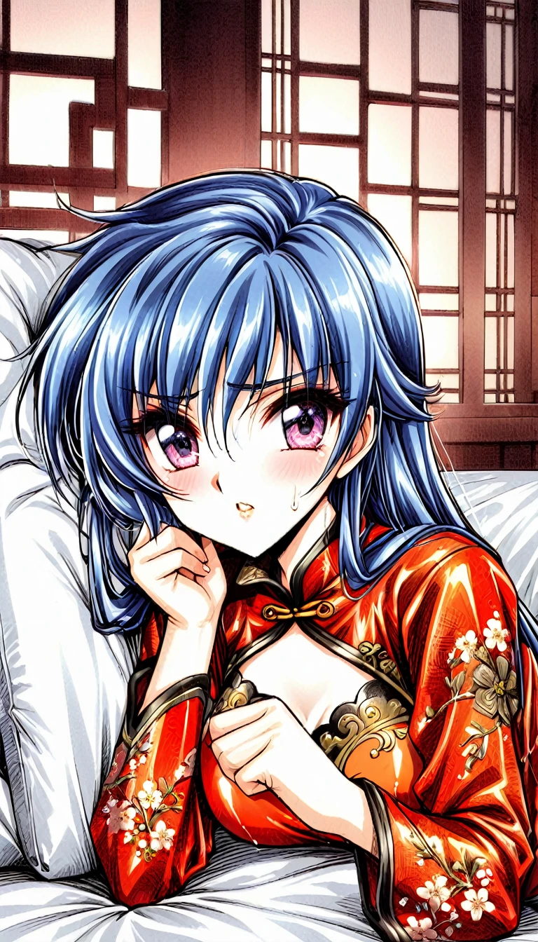 Beautiful 15 year old Chinese Kung Fu girl princess with short blue hair　Gorgeous embroidery, Ultra glossy, She is wearing shiny red long sleeve floral pajamas....　She has rough sex with an old man on a red enamel futon