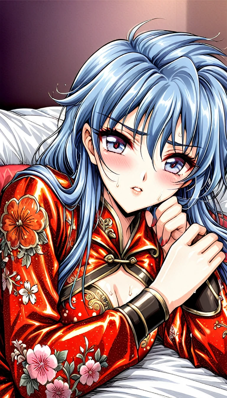 Beautiful 15 year old Chinese Kung Fu girl princess with short blue hair　Gorgeous embroidery, Ultra glossy, She is wearing shiny red long sleeve floral pajamas....　She has rough sex with an old man on a red enamel futon