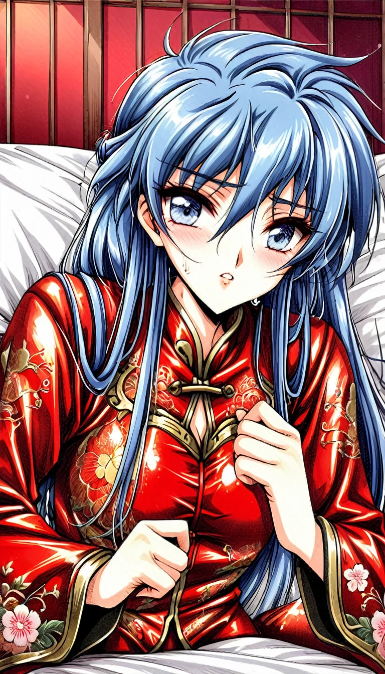 Beautiful 15 year old Chinese Kung Fu girl princess with short blue hair　Gorgeous embroidery, Ultra glossy, She is wearing shiny red long sleeve floral pajamas....　She has rough sex with an old man on a red enamel futon