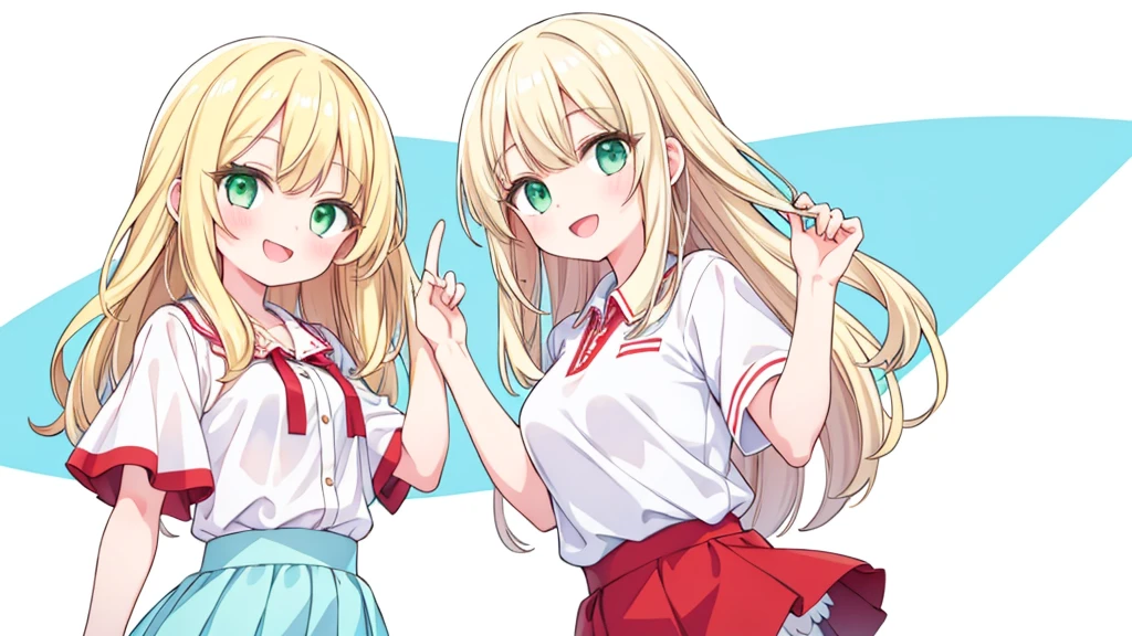 two girls,raised eyes,Light blue short hair,tennis skirt,white blouse,Looking straight ahead.smiling face,smiling face,Long hair with blonde waves,green eyes, Red skirt,white blouse,white background