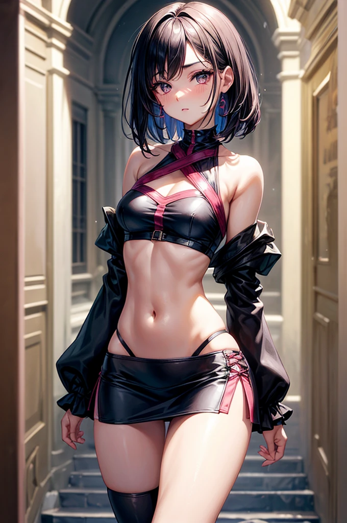 (crisscross bikini crop top, miniskirt, thigh high pantihose ),gorgeous, masterpiece, best quality, high-resolution, finely detailed, extremely detailed and beautiful, distinct-image, 1 girl, 16 year old ager, solo, sharp facial features, oval shaped face. cherry pink lips, lightly tanned white skin. velvet-colored eyes, C-cup breasts, tall height(175cm), slim yet chiseled body type, short shoulder length dark violet-black hair, small narrow waist, long and slender legs, curvy wide hips, elegant Gothic training courtyard setting