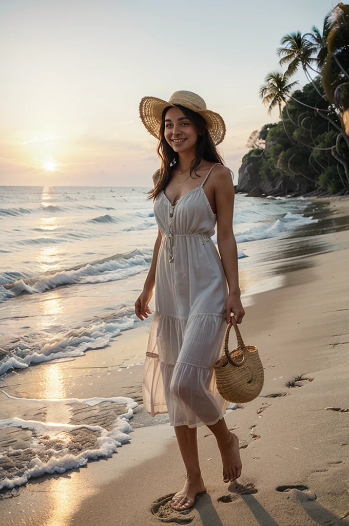 (masterpiece:1.2, best quality), (1lady, solo, upper body:1.2), Clothing: white flowy maxi dress, wide-brimmed hat, strappy sandals, Accessories: shell necklace, Hair: loose beach waves, Makeup: natural, glowing skin, Behavior: relaxed, carefree, free-spirited, Location: beach, resort, outdoor festival, red eyes, huge tits,