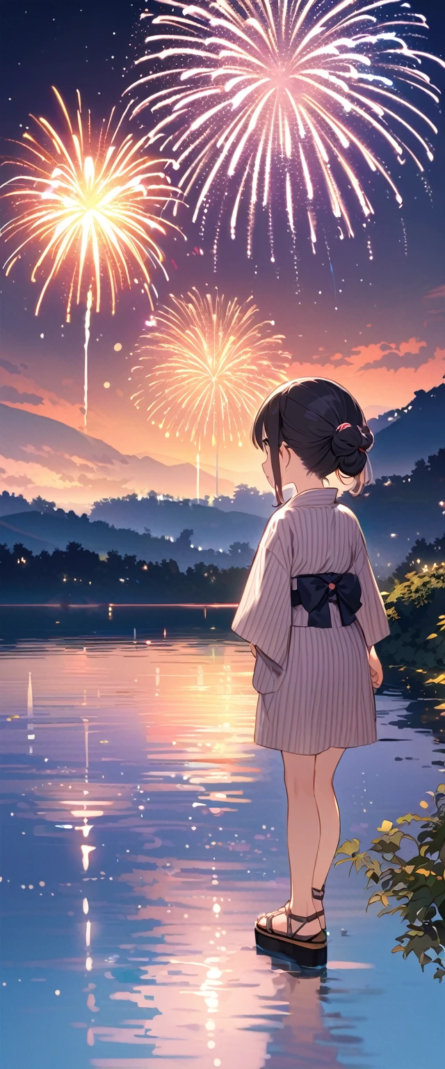 Highest quality、High resolution、Detailed Background、Beautiful face in every detail、Detailed facial expressions、Detailed eyes、Teenage beauty、Highly detailed face、cuteアイメイク、cuteリップメイク、A big smile、smile、cute仕草をする、Lake Biwa、Fireworks display、
We recommend the classic vertical striped yukata。Refreshing impression、Choosing a bright color for your obi will enhance the atmosphere.、Red or blue、Yellow is popular、
The lightweight design of these sandals makes them easy to walk in and makes your feet look neat.、It's also a good idea to pay attention to the use of accessories such as drawstring bags.、
The festive braided arrangement is adorable.、It's also nice to express your individuality with gorgeous decorations.、
We recommend hairstyles that are easy to move around in, such as loose buns or half-up styles.、Be aware of the overall balance、
びわ湖Fireworks display、滋賀県大津市で開催される日本有数のFireworks display、
Lake Biwaの水面を舞台に花火が打ち上げられます、The view of the fireworks reflected on the lake surface is spectacular and makes this a popular viewing spot.、cute