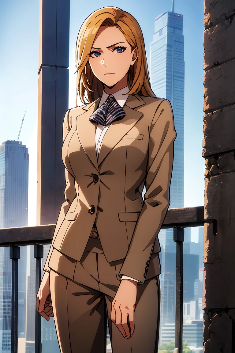 A high resolution, ultra detailed, HDR, masterpiece, very detailed face and eyes, confident expression, young woman, business style, trousers, long wheat hair, 18 years, Squint, adult face, creative hairstyle, beautiful makeup with arrows, anime style tokyo avengers