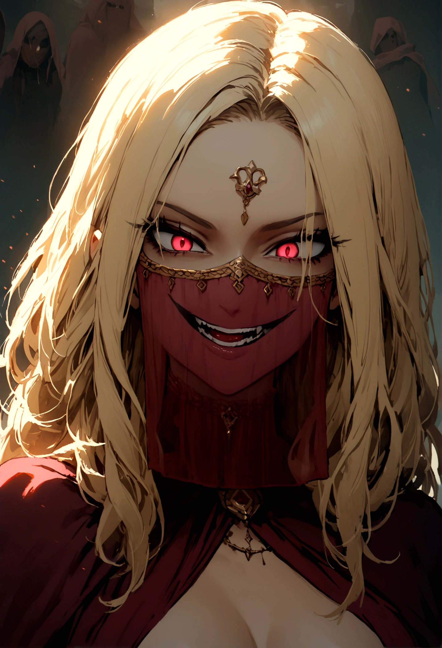 woman, cultist, long blond hair, mouth veil, perfect body, evil smile,  cultist cloak