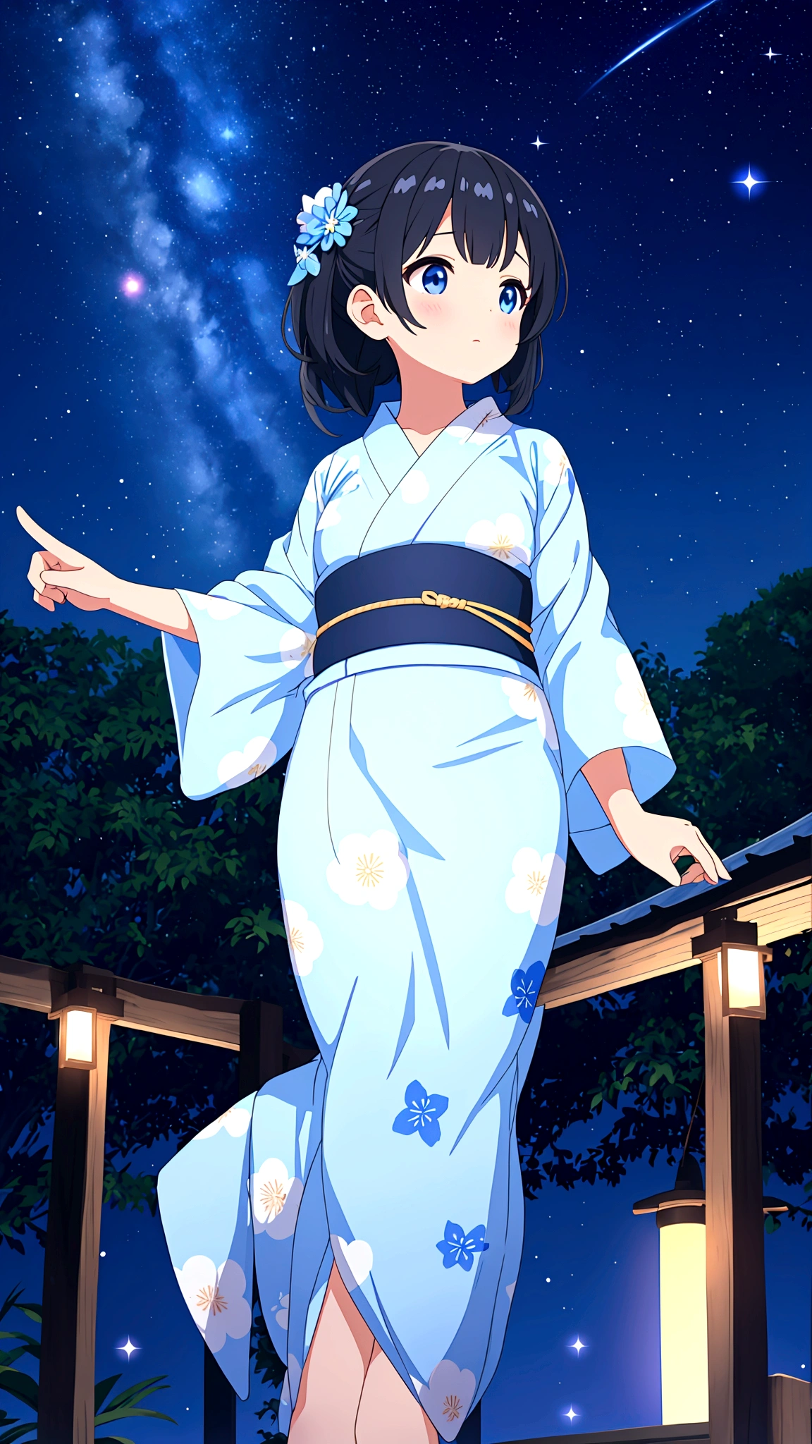 A black-haired girl pointing at the starry sky of Tanabata。She is wearing a light blue yukata with a summery blue and white pattern.、Distant starry sky。A girl in the distance。