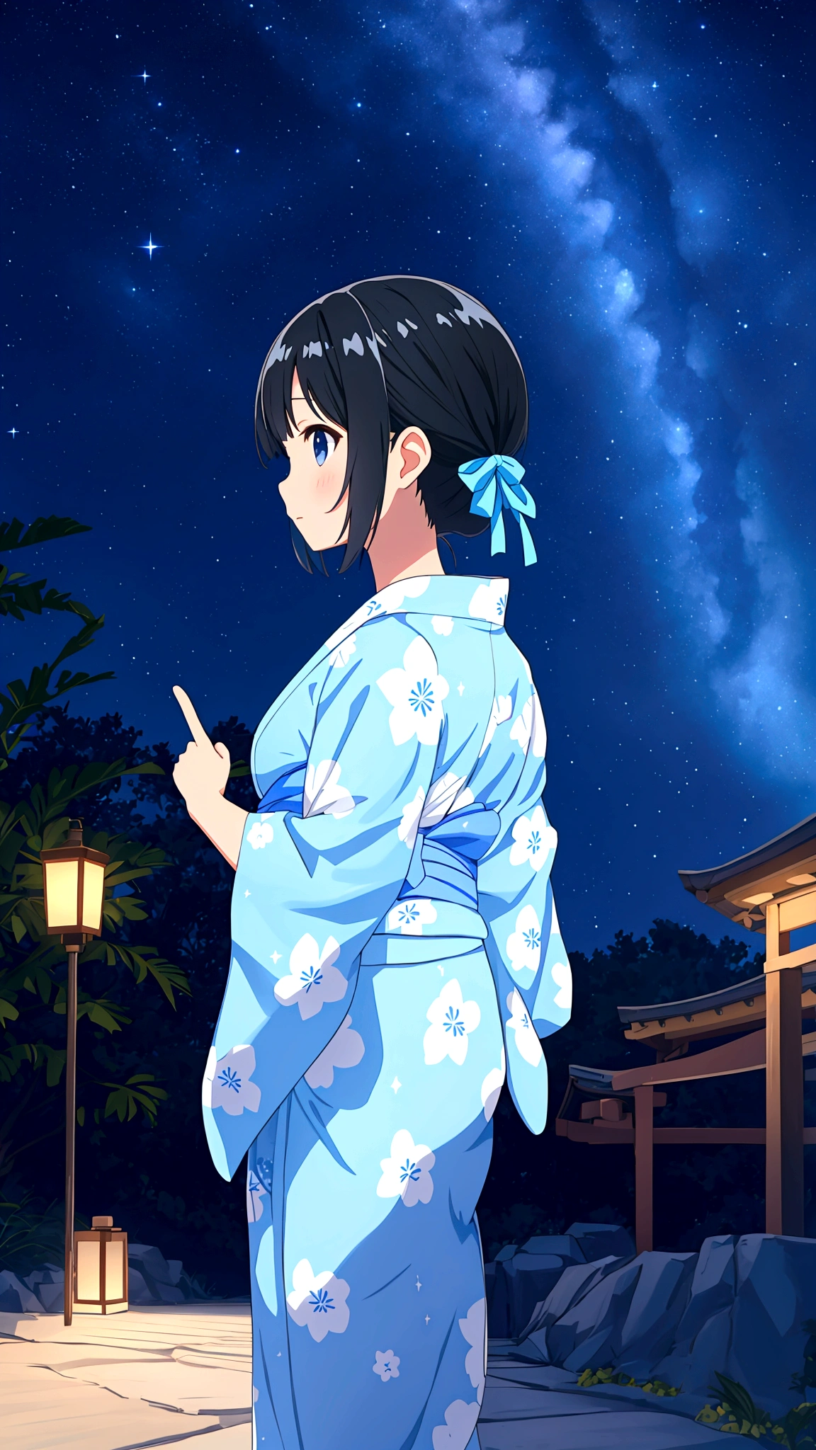 A black-haired girl pointing at the starry sky of Tanabata。She is wearing a light blue yukata with a summery blue and white pattern.、Distant starry sky。A girl in the distance。