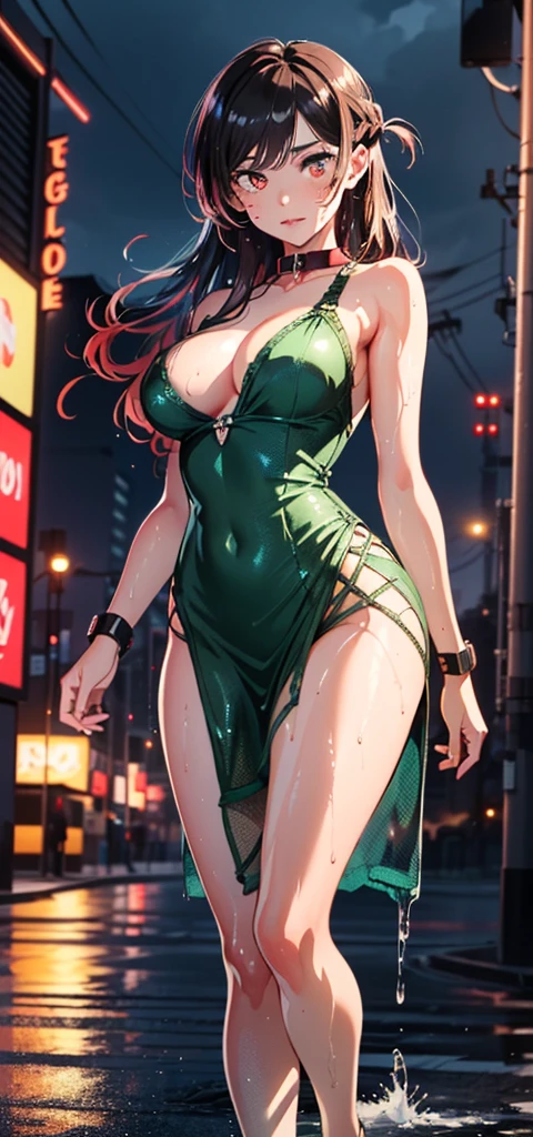 1 girl spacepunk,(((1girl))), aachizuru, long hair, ((cute and beautiful afro haired girl)),((((black race)))), (large breasts:1.4),saggy breasts,n eon blue hair,Double hair bun:1.3)))),long hair,((heterochromia:1.5, (yellow_eye and red_eye))),intricate eyes,beautiful detailed eyes,symmetrical eyes,((fat)),((((bright skin: 1.5,shiny skin,very shiny skin,shiny body,illuminated skin,wet legs)))),(spider lower abdomen,narrow waist,wide hip,athletic body,inflated legs),(((detailed face))), cute,slutty,sensual,seductive look,seductive,erotic,enchanting,((nsfw)), revealing clothing,show skin,(((neon green fishnet dress))),((slave collar)),(((wet clothes,intricate outfit,intricate clothes))), (dynamic pose:1.0),solo focus,embarrassed,(centered,scale to fit dimensions,Rule of thirds), cyberpunk city by the ocean at night, with bright neon signs and dark stormy clouds and puddles, scenery:1.25, artistic photography,(photography taken by sldr),highres, sharp focus, (ultra detailed, extremely detailed), (photorealistic artwork:1.37),(extremely detailed CG unity 8k wallpaper),((synthwave background theme)),(((vibrant colors))),(intricate background),(masterpiece),(best quality),