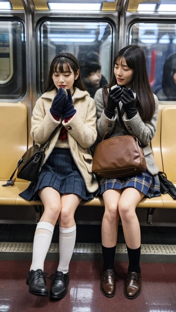 A photo of two mature Japanese high school girls wearing duffle coats with leather shoes and shiny black leather gloves,Inside the train,Voyeur,Heavy makeup face,Ultra-detailed face, Both of them are crossing their legs while looking at their smartphones..Smelly socks, Ultra Mini Skirt,LOL,School Bags,This photo was taken in daylight with soft lighting..、The girls are sitting on train seats.。. This photo was taken by someone on their cell phone..、Apparently it was posted on Snapchat.。. 