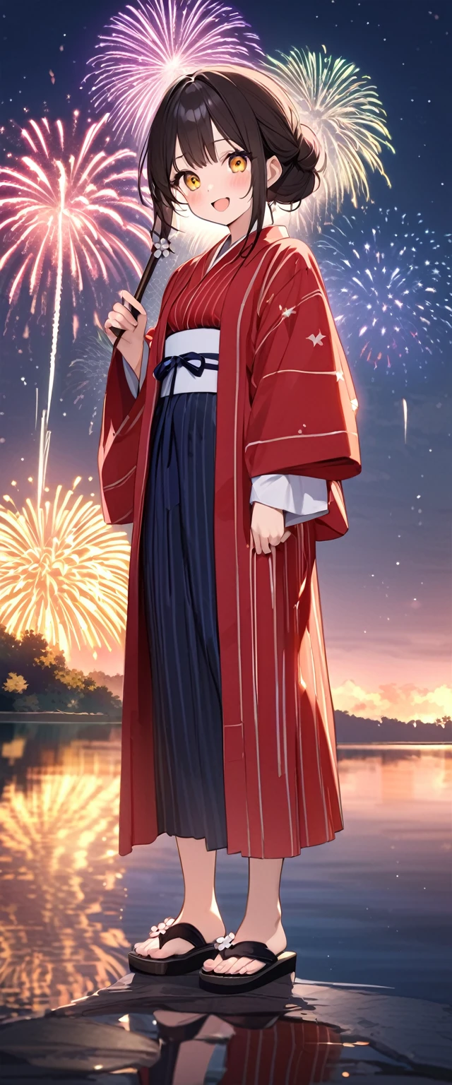 Highest quality、High resolution、Detailed Background、Beautiful face in every detail、Detailed facial expressions、Detailed eyes、age beauty、Highly detailed face、cuteアイメイク、cuteリップメイク、A big smile、smile、cute仕草をする、Lake Biwa、Fireworks display、
We recommend the classic vertical striped yukata。Refreshing impression、Choosing a bright color for your obi will enhance the atmosphere.、Red or blue、Yellow is popular、
The lightweight design of these sandals makes them easy to walk in and makes your feet look neat.、It's also a good idea to pay attention to the use of accessories such as drawstring bags.、
The festive braided arrangement is adorable.、It's also nice to express your individuality with gorgeous decorations.、
We recommend hairstyles that are easy to move around in, such as loose buns or half-up styles.、Be aware of the overall balance、
びわ湖Fireworks display、滋賀県大津市で開催される日本有数のFireworks display、
Lake Biwaの水面を舞台に花火が打ち上げられます、The view of the fireworks reflected on the lake surface is spectacular and makes this a popular viewing spot.、cute