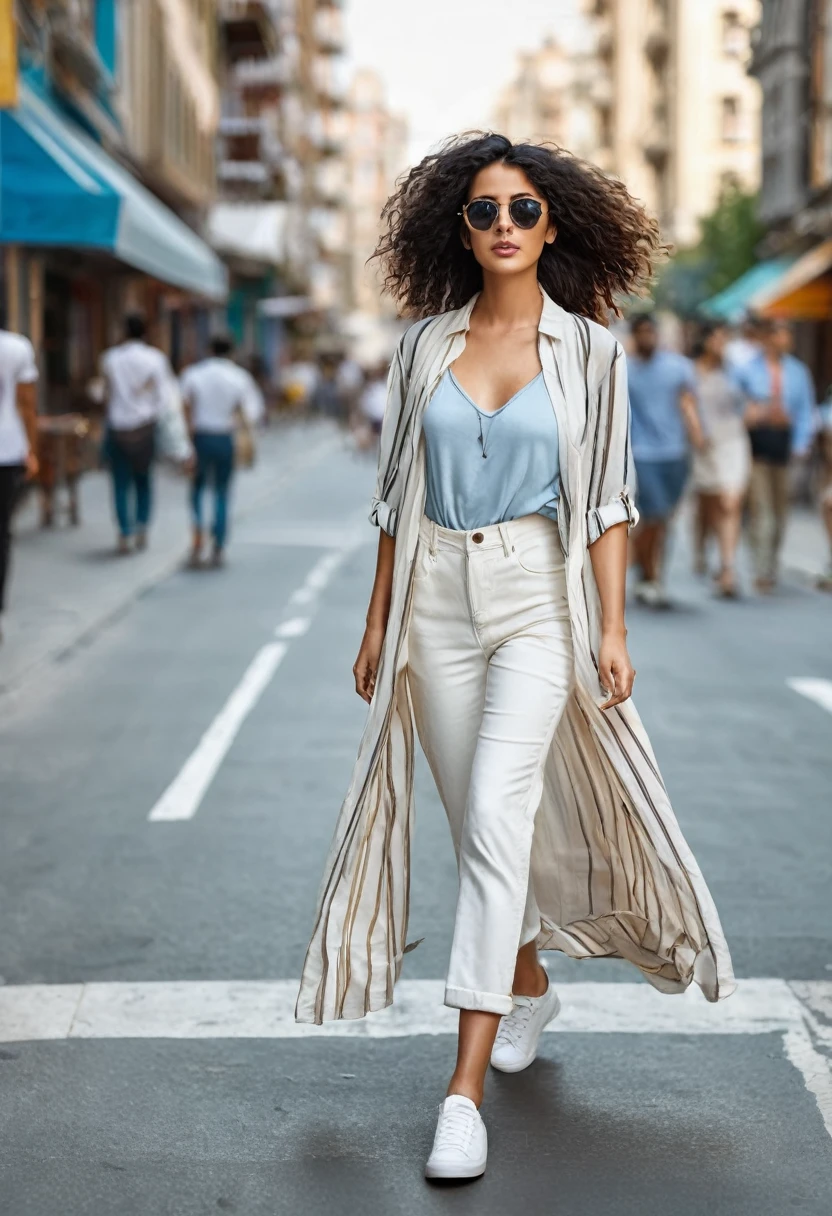 full length ،"A young woman with a casual summer street style is walking down a busy street. She is wearing a chic outfit complemented . The background includest and modern buildings, showcasing the energy and charm of the city."
